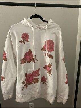 Fashion Nova White Crewneck Sweater with Pink Rose Print